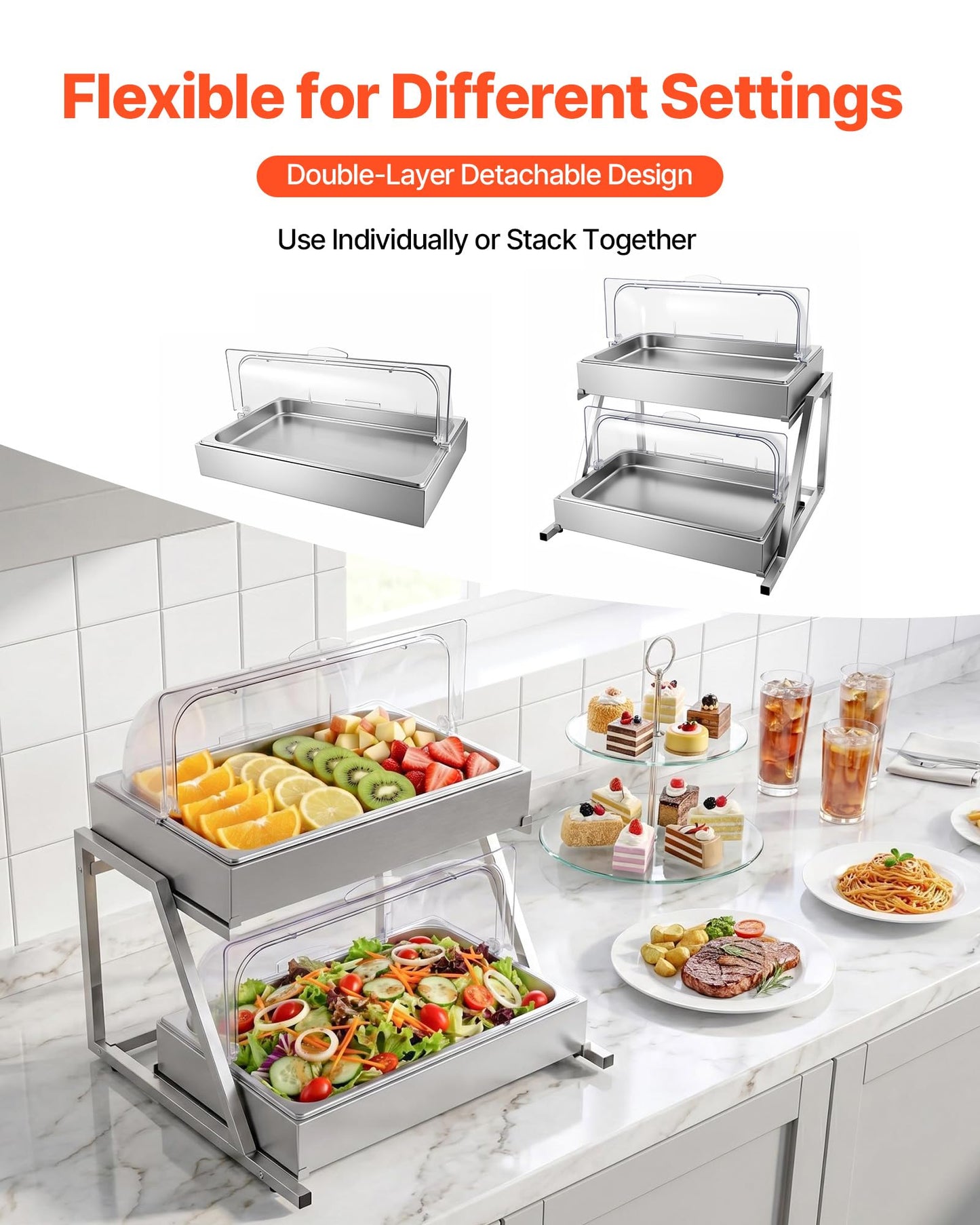 VEVOR Countertop Food Serving Display Container, 2 Tier Stainless Steel Food Salad Server Tray, Buffet Condiment Dispenser, Ice Cooled Rack with Clear Roll Top Cover, for Restaurant Hotel (1/1 Pan x2)