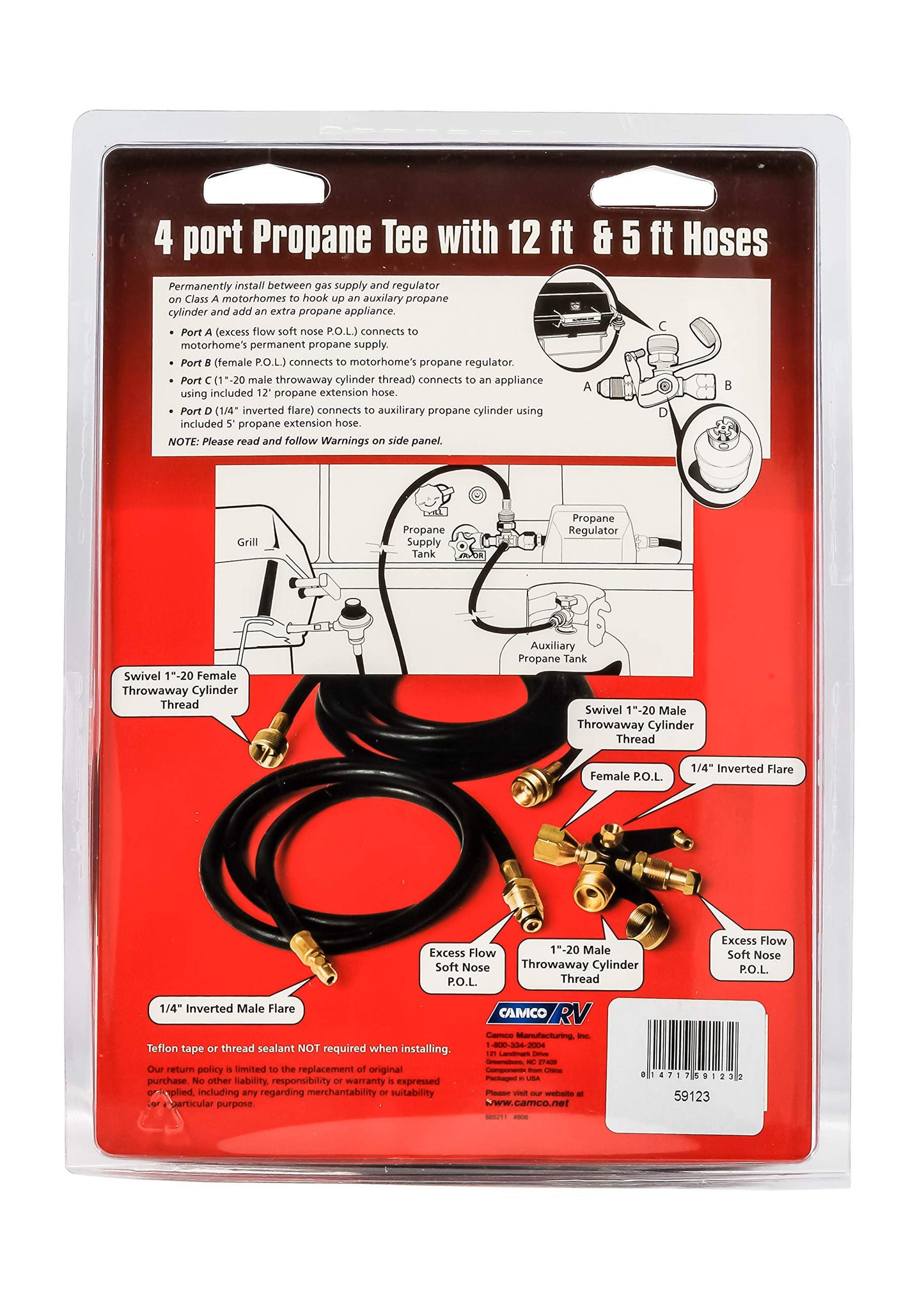 Camco Propane Brass 4 Port Tee- Comes with 5ft and 12ft Hoses, Allows for Connection Between Auxiliary Propane Cylinder and Propane Appliances (59123), Black