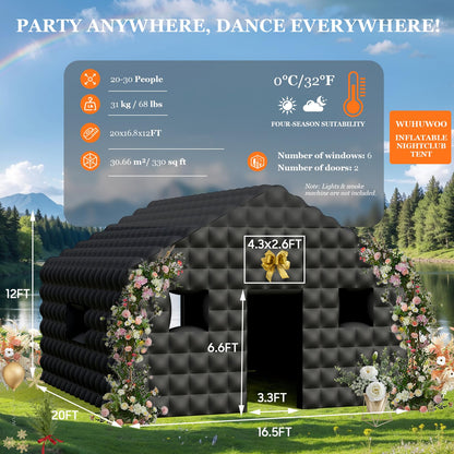 WUHUWOO Inflatable Nightclub 20x16.8x12 Ft, Large Black Inflatable Club Tent with 2 Doors and Logo Area, Inflatable Party Tent for Adults Birthday Backyard Wedding Rental