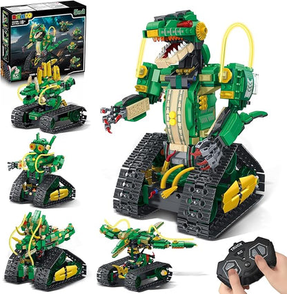 RC Dinosaur Building Toy with Light 5 in 1 Remote Controll Building Block Kit 877 PCS Tech Rechargeable Dinosaur Robot Toys Easter Birthday for Kids Boys Age 8 9 10 11 12+