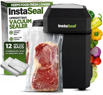 InstaSeal Vacuum Sealer - Preserves Food 5X Longer | Compact Upright Design with 12 Bags Included