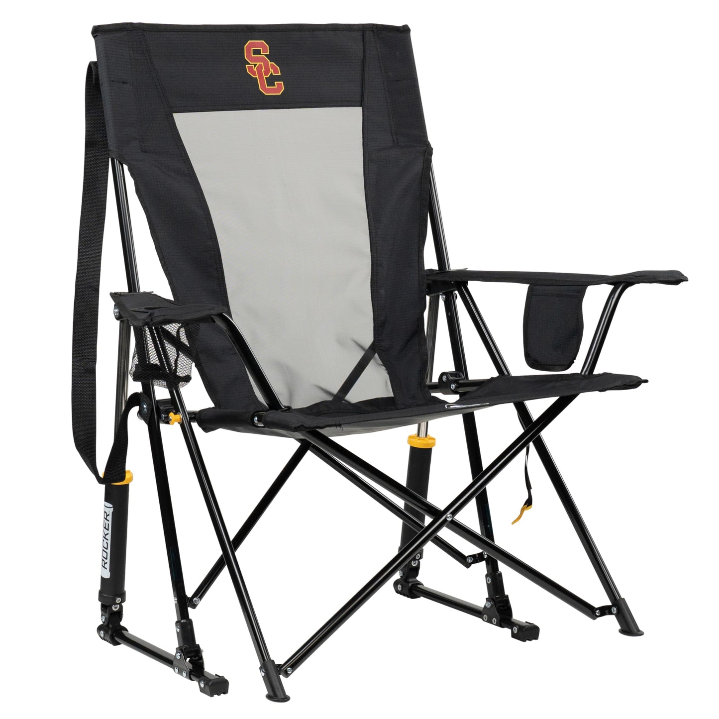 GCI Outdoor Comfort Pro Rocker Camping Chair | Portable Folding Rocking Chair with Durable Armrests & Drink Holder | Official Collegiate Licensed Sideline Sports Chair | USC Trojans