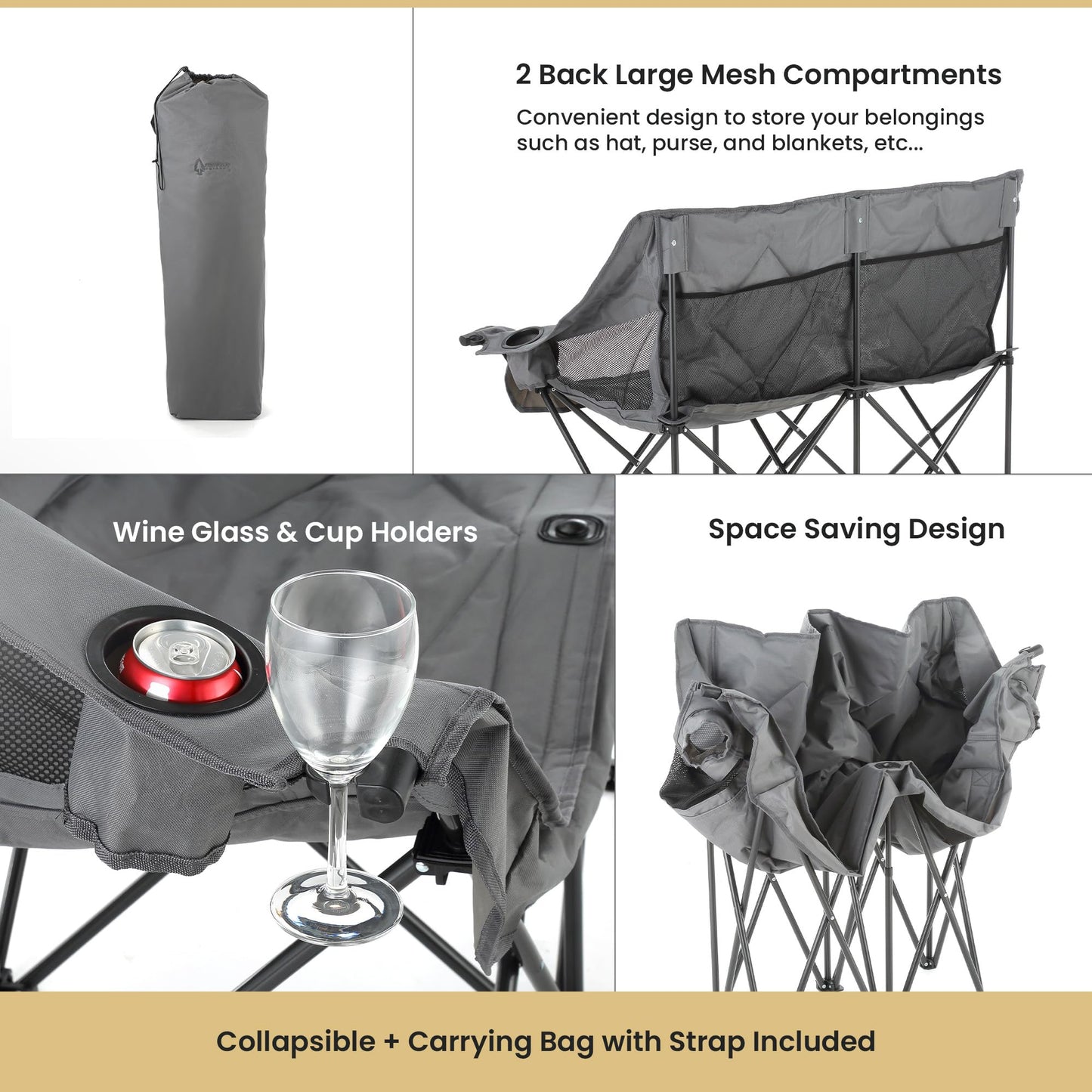 ARROWHEAD OUTDOOR 2-Pack Portable Folding Double Duo Camping Chair Loveseat w/ 2 Cup & Wine Glass Holder, Carrying Bag, Supports up to 650lbs