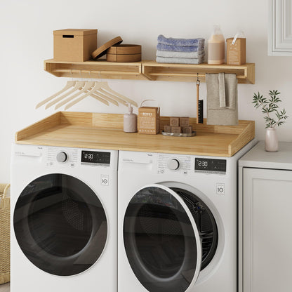 YEMNMFH Solid Wood Washer Dryer Countertop & Wall Mounted Clothes Rack - 2-in-1 Laundry Room Organization and Storage, Floating Garment Shelf with Hanging Rod, Washer Dryer Topper with Anti-Slip Pads