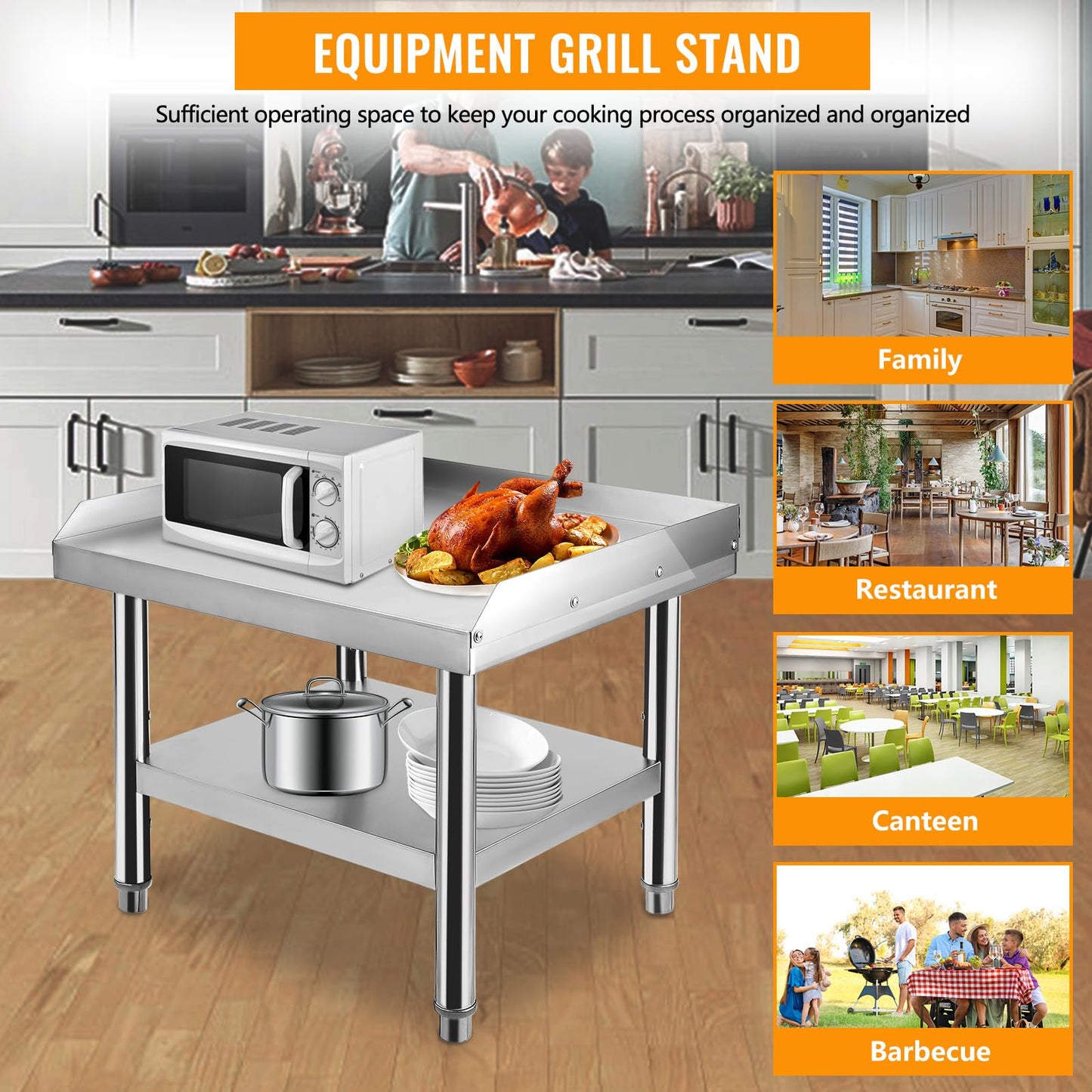 GarveeTech Stainless Steel 36x30x24 in Equipment Grill Stand Table, 1000 LBS Top Shelf, 220 LBS Bottom Shelf, Adjustable Legs, 2 in Edge Baffle, for Hotel, Home, Commercial Restaurant Kitchen