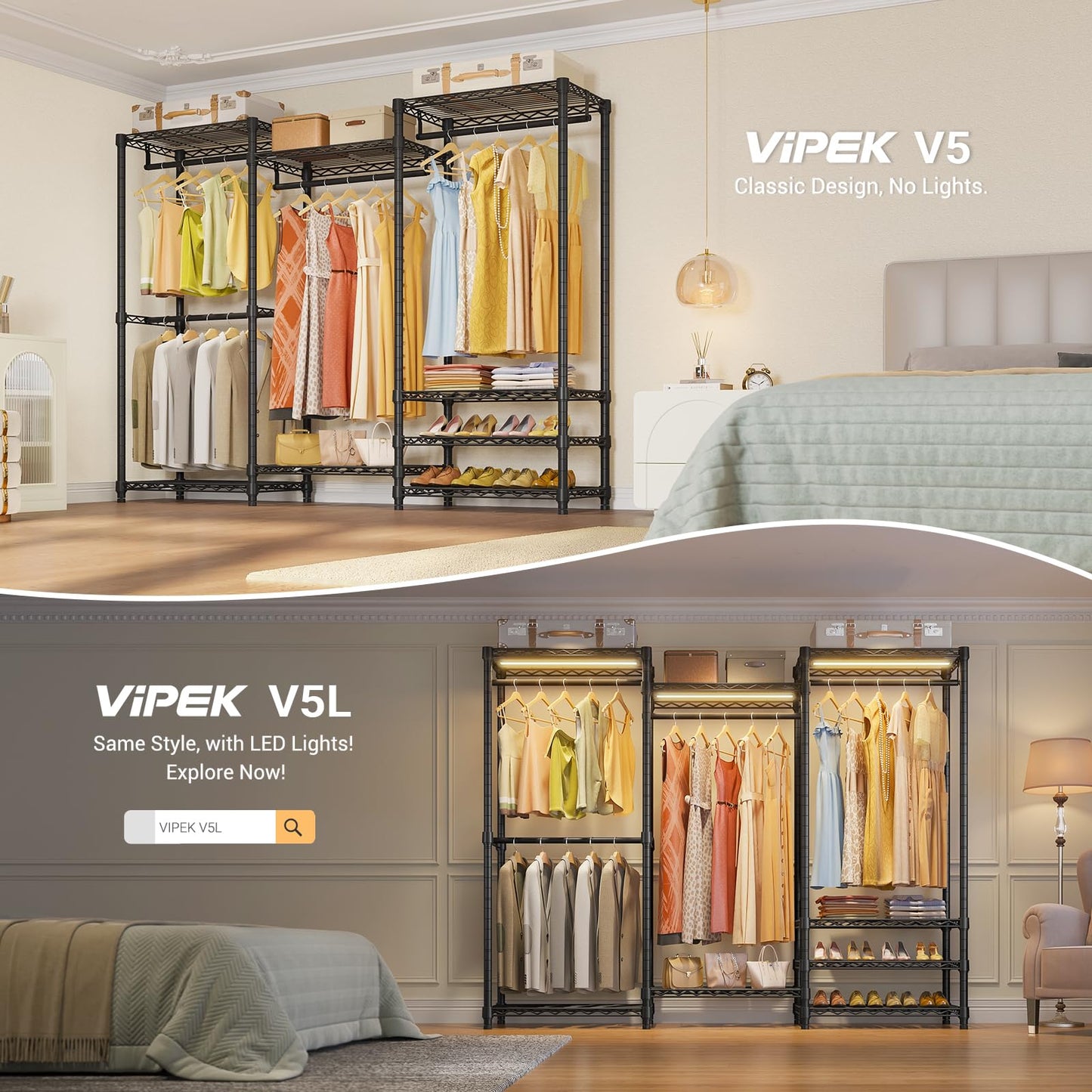 VIPEK V5 Heavy Duty Clothes Rack, Portable Closet Wardrobe with 4 Hanging Rods & 8 Shelves, Freestanding Adjustable Garment Rack for Bedroom, Walk-in Closet, 890 lbs Capacity, Black, 68.9" L