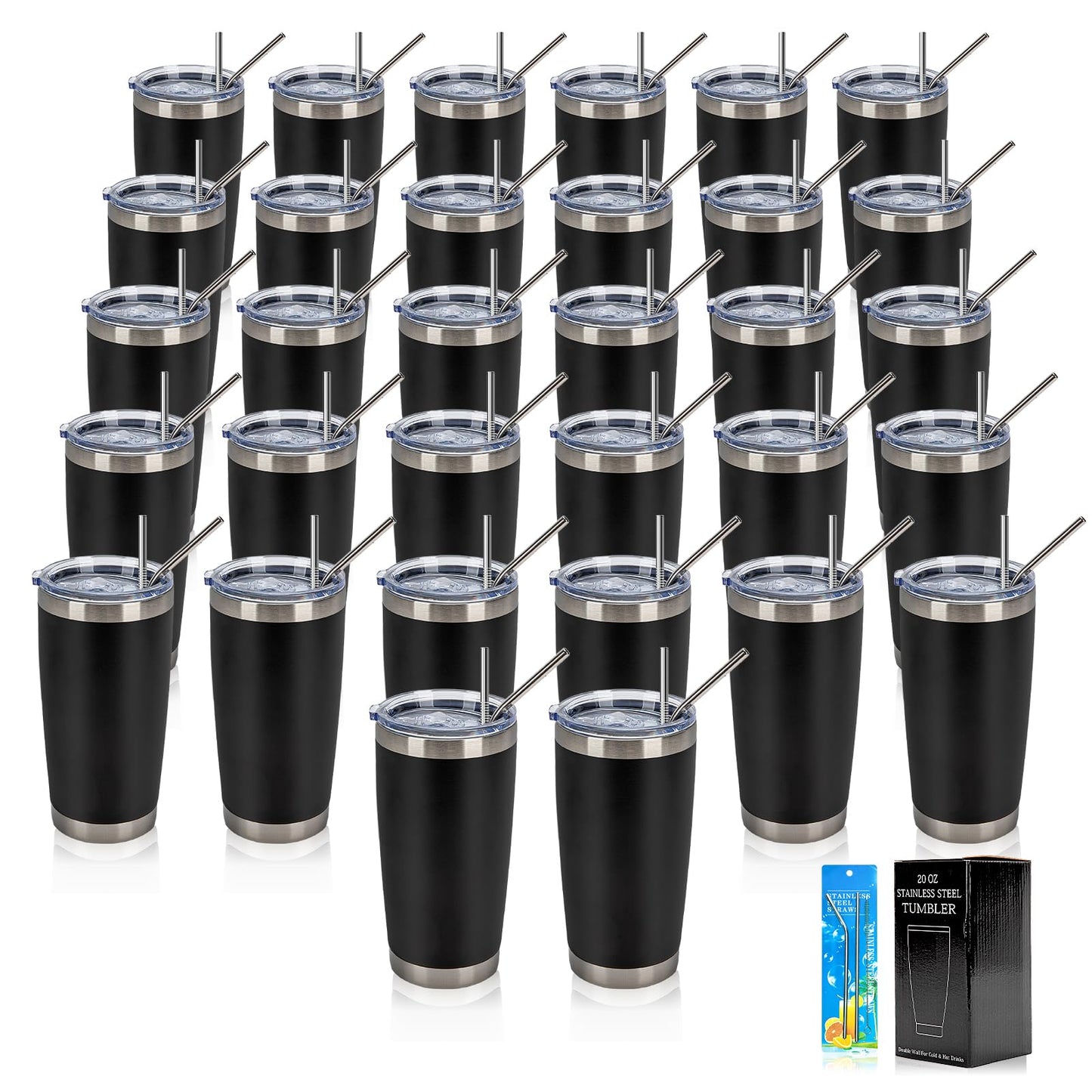 IEOVIEE 32 Pack, 20oz Stainless Steel Bulk Tumblers with Lids and Straws, Double Wall Insulated Travel Coffee Mug, Durable Powder Coated Tumbler Bulk Cup for Cold and Hot Drinks(Black)