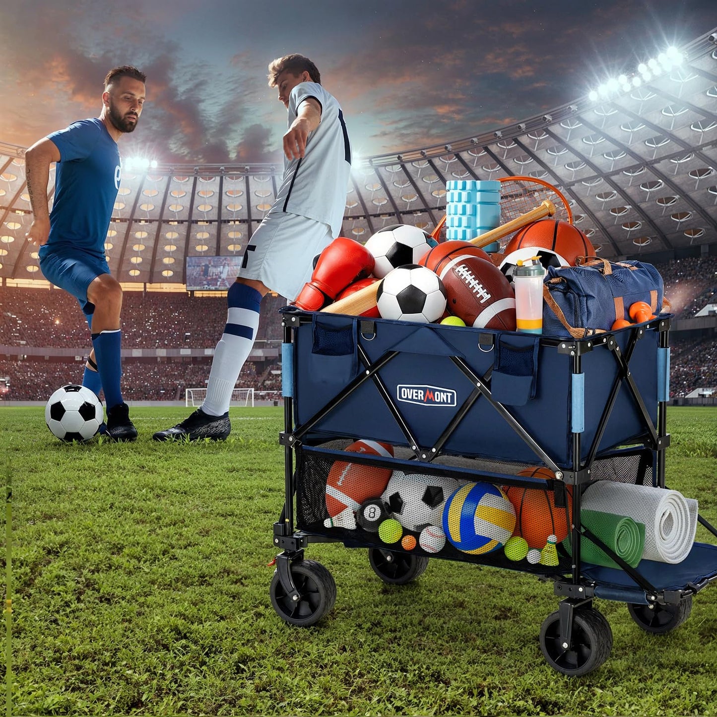 Overmont 400L Double Decker Wagon Cart, Heavy Duty 450lbs Folding Utility Wagon with 47" Extended Shelf, All-Terrain Collapsible Wagon for Camping, Sports Events, Tailgating & One-Trip Hauling