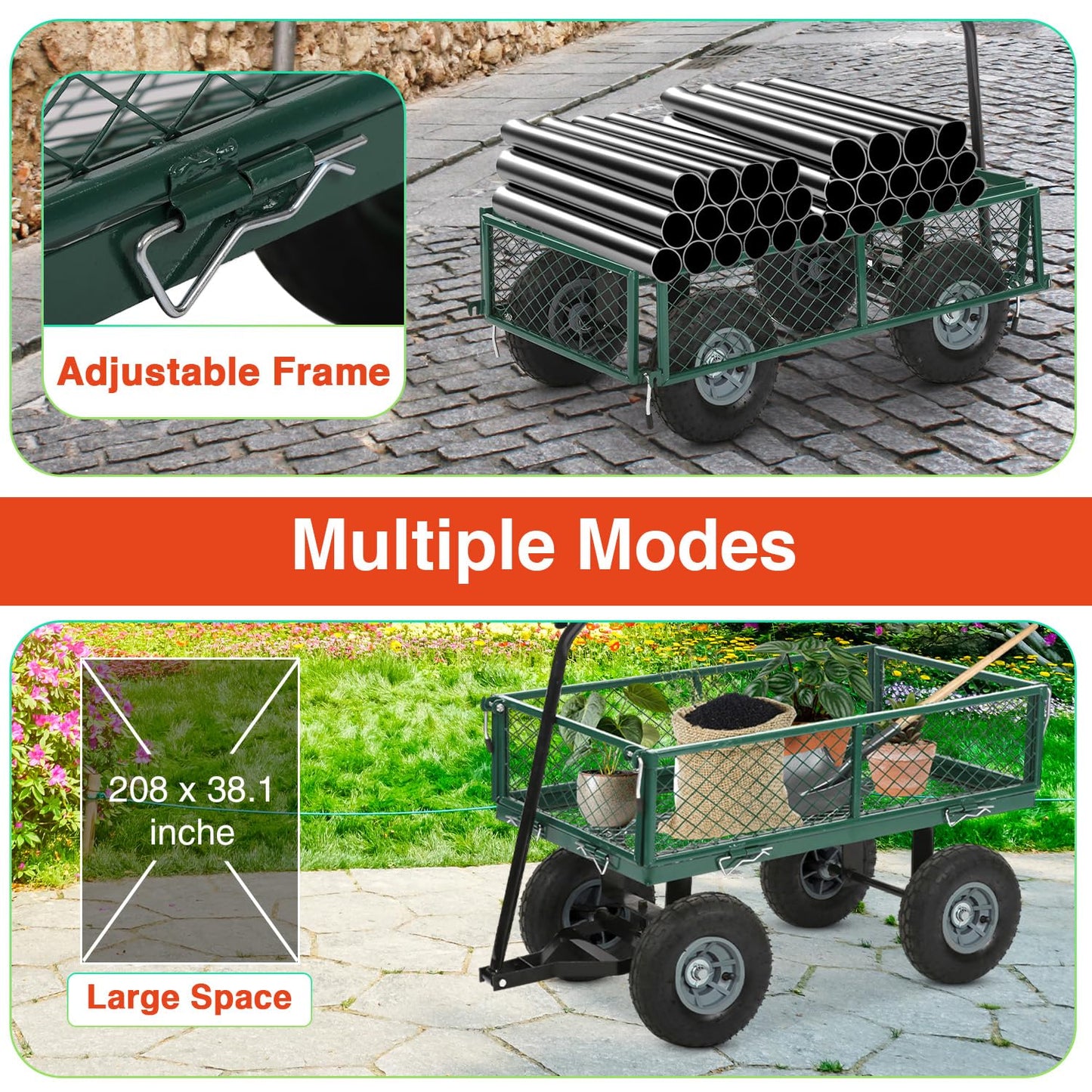 FDW Garden Cart Streel Heavy Duty 500 LBS Capacity，Utility Cart Wagon with Removable Sides and 180°Rotating Handle for Yard, Lawn and Garden Hauler (Dark Green)