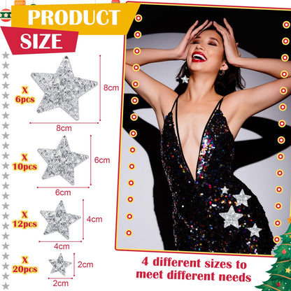 Giegxin 48 Pcs Star Sequin Patches in 4 Sizes Iron on Shiny Patches Embroidered Decorative Appliques for Hats Bags Jackets Jeans Backpacks Costume Clothing Accessory(Silver)