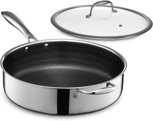 HexClad Hybrid Nonstick 5.5-Quart Deep Sauté Pan - Tempered Glass Lid, Stay-Cool Handle, Oven-Safe to 900°F