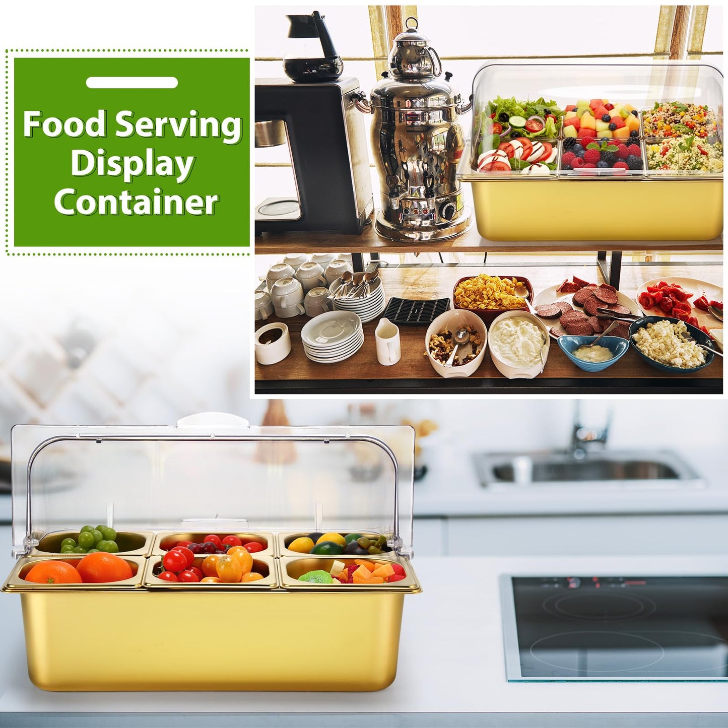 Ziliny Countertop Food Serving Display Container Clear Roll Top Cover 6 Pan Stainless Steel Ice Food Buffet Server Salad Bar Pizza Topping Station Condiment Dispenser Restaurant Kitchen Party(Gold)