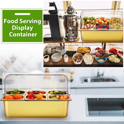 Ziliny Countertop Food Serving Display Container Clear Roll Top Cover 6 Pan Stainless Steel Ice Food Buffet Server Salad Bar Pizza Topping Station Condiment Dispenser Restaurant Kitchen Party(Gold)