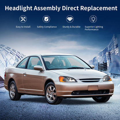 AUTOSAVER88 Headlight Assembly Compatible with 2001 2002 2003 Civic 4-Door Sedan Driver and Passenger Side Black Housing Amber Reflector Clear Lens