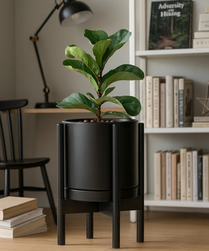 D'vine Dev Ceramic Planter with Ebony Stand - 10 Inch Modern Round Flower Pot with Wood Planter Holder, Black, 55-B-L-2