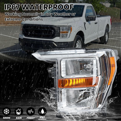 Headlight Compatible with 2021 2022 2023 Ford F150 XL XLT Left Driver Side Part Numbers ML3Z-13008-K FO2503409 Halogen Head Light