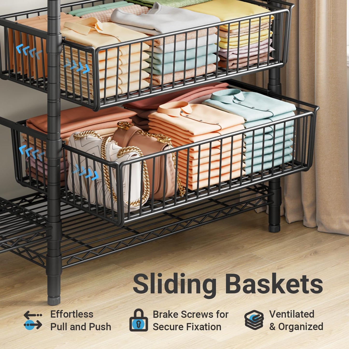 VIPEK V10 Garment Rack Large Size Heavy Duty Clothes Rack with Hanging Rods, Adjustable Shelves & 2 Slid Storage Baskets, Wire Clothing Rack 68.9" W x 15.7" D x 76.4" H, Max Load 920 LBS, Black