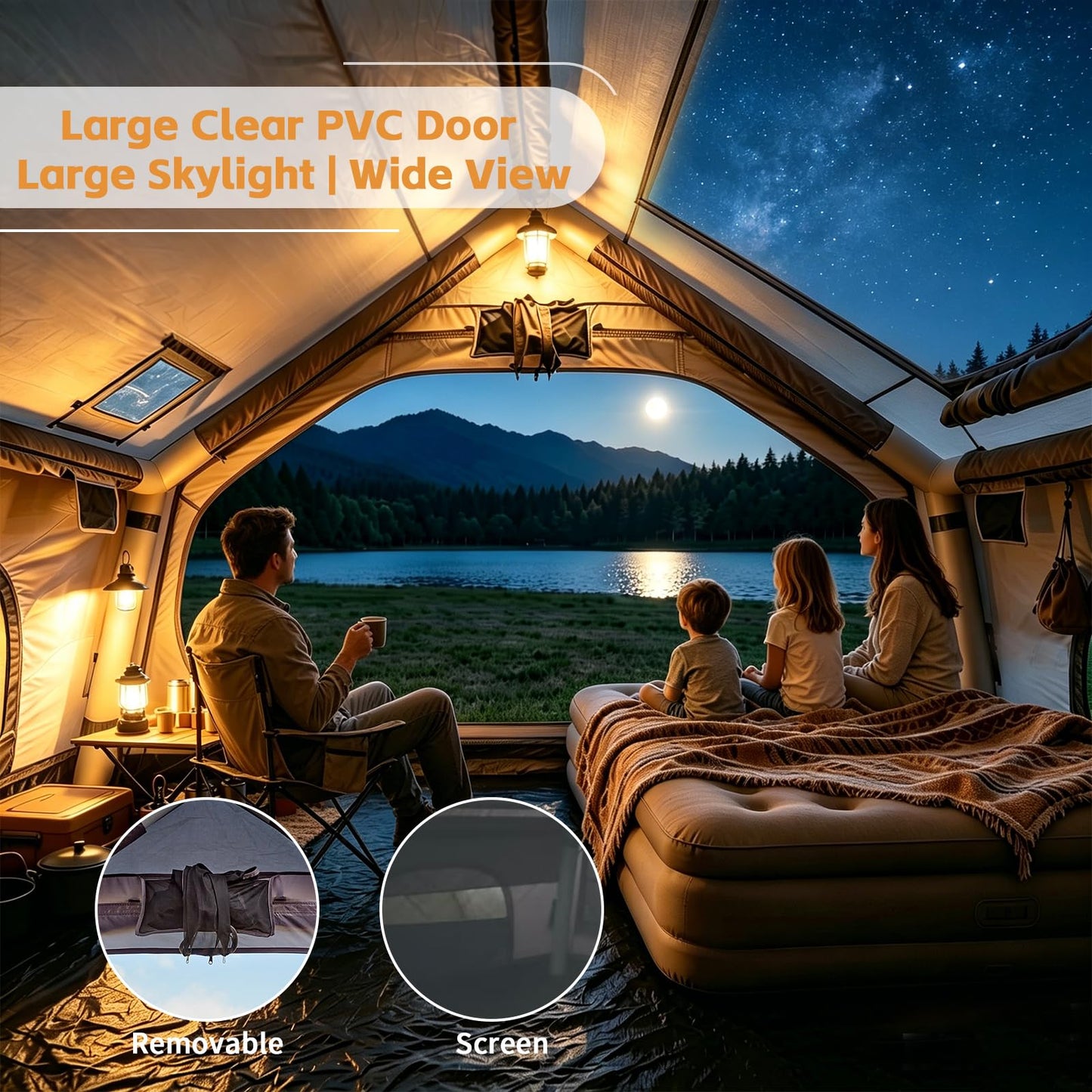 Inflatable Camping Tent with Skylight,Large Tall Blow Up Tent for 2/4/6/8 Person,4 Season Waterproof Hot Tent with Stove Jack, Family Camping Air Tent with Hand Pump,Grey