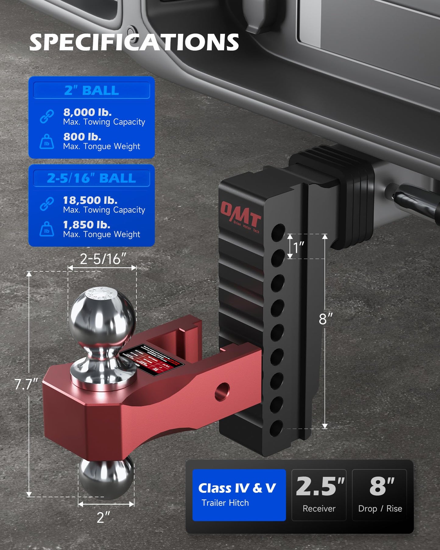 Orion Motor Tech Adjustable Trailer Hitch for 2.5 in. Receiver, Dual-Ball Mount Tow Hitch with 8" Drop/Rise 2" & 2-5/16" Balls, Drop Hitch with Locking Pins for Class IV V Vehicles 8000-18500 GTW, Red