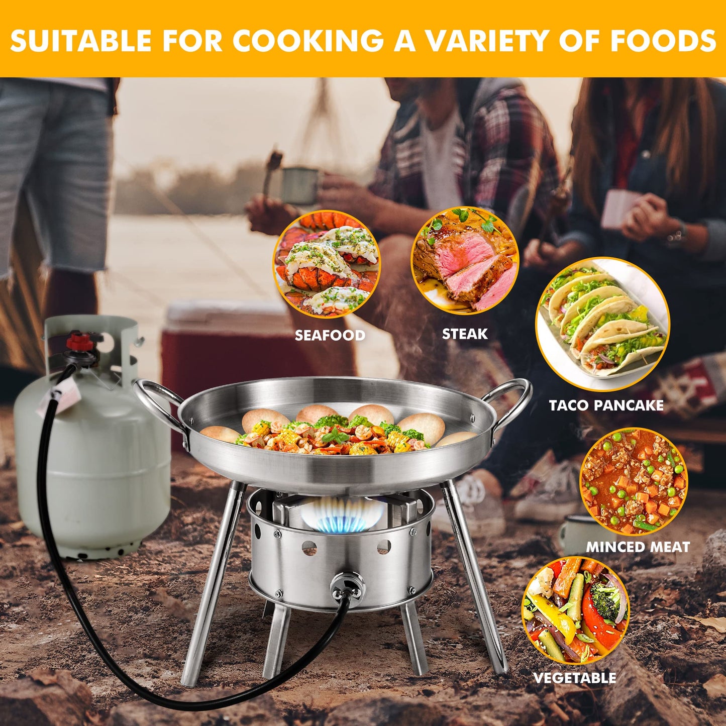 AOSION Heavy Duty 21" Stainless Steel Single Burner Propane Stove with Comal Set,37,000 BTU High-Pressure Outdoor Propane Burner Cooker,Discada Disc Cooker,Great for backyard and outdoor cooking.