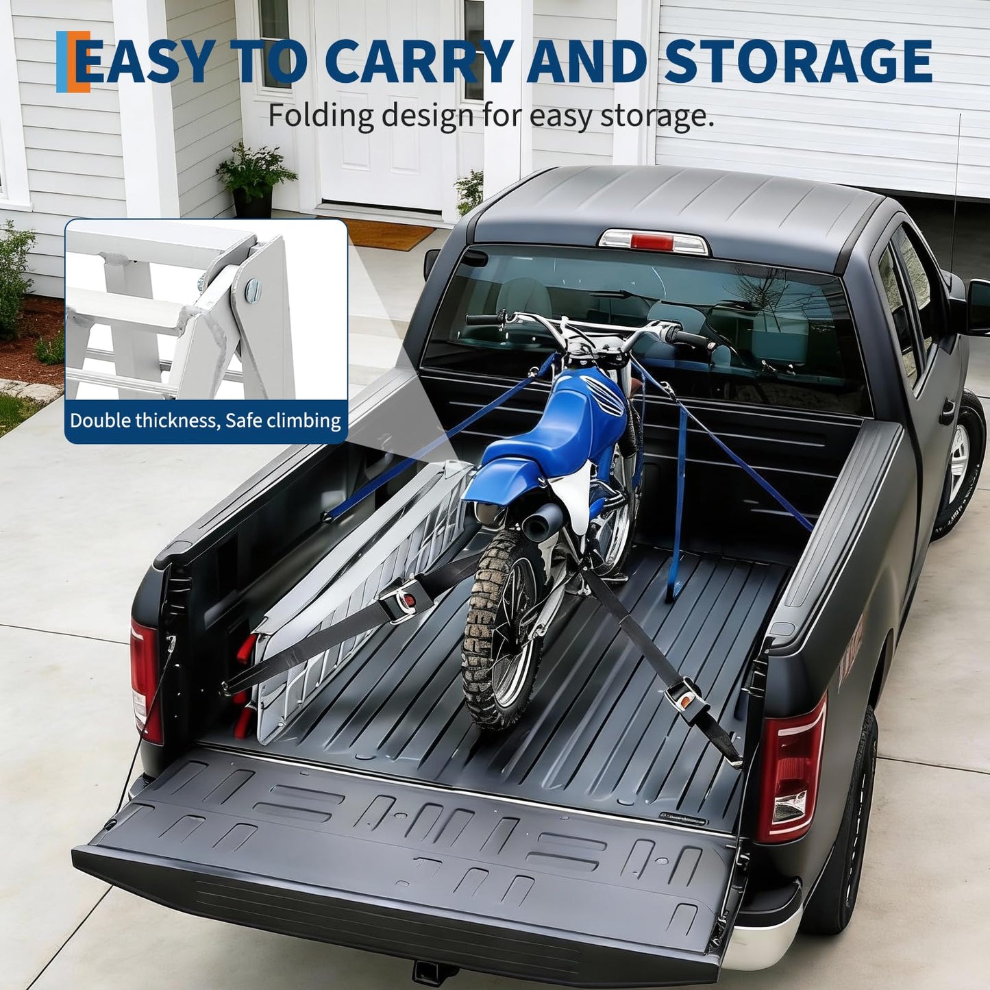7.5 ft Aluminum Loading Ramps - 750 LBS Capacity Folding Motorcycle Ramp with Rubber-Tipped Fingers & Load Straps for Dirt Bike, UTV, ATV, Trucks, Lawn Mowers, Cargo Trailer
