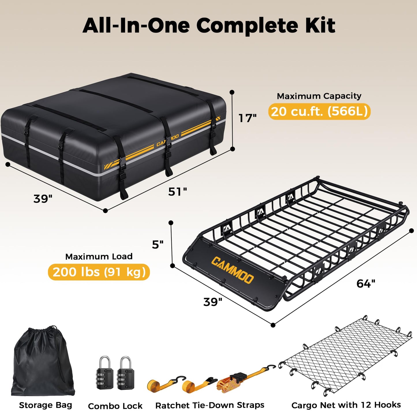 CAMMOO 64"x39" Roof Rack Basket, Removable Fairing & Support Bars for Kayaks/Long Gear, 20 Cu.Ft Waterproof Soft Bag+Lock+Net+Strap–200Lbs Capacity Car Roof Cargo Carrier for SUV Truck Camping