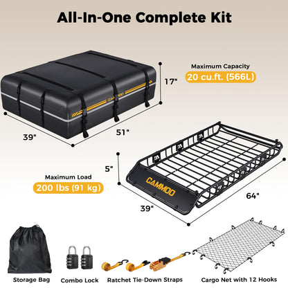 CAMMOO 64"x39" Roof Rack Basket, Removable Fairing & Support Bars for Kayaks/Long Gear, 20 Cu.Ft Waterproof Soft Bag+Lock+Net+Strap–200Lbs Capacity Car Roof Cargo Carrier for SUV Truck Camping