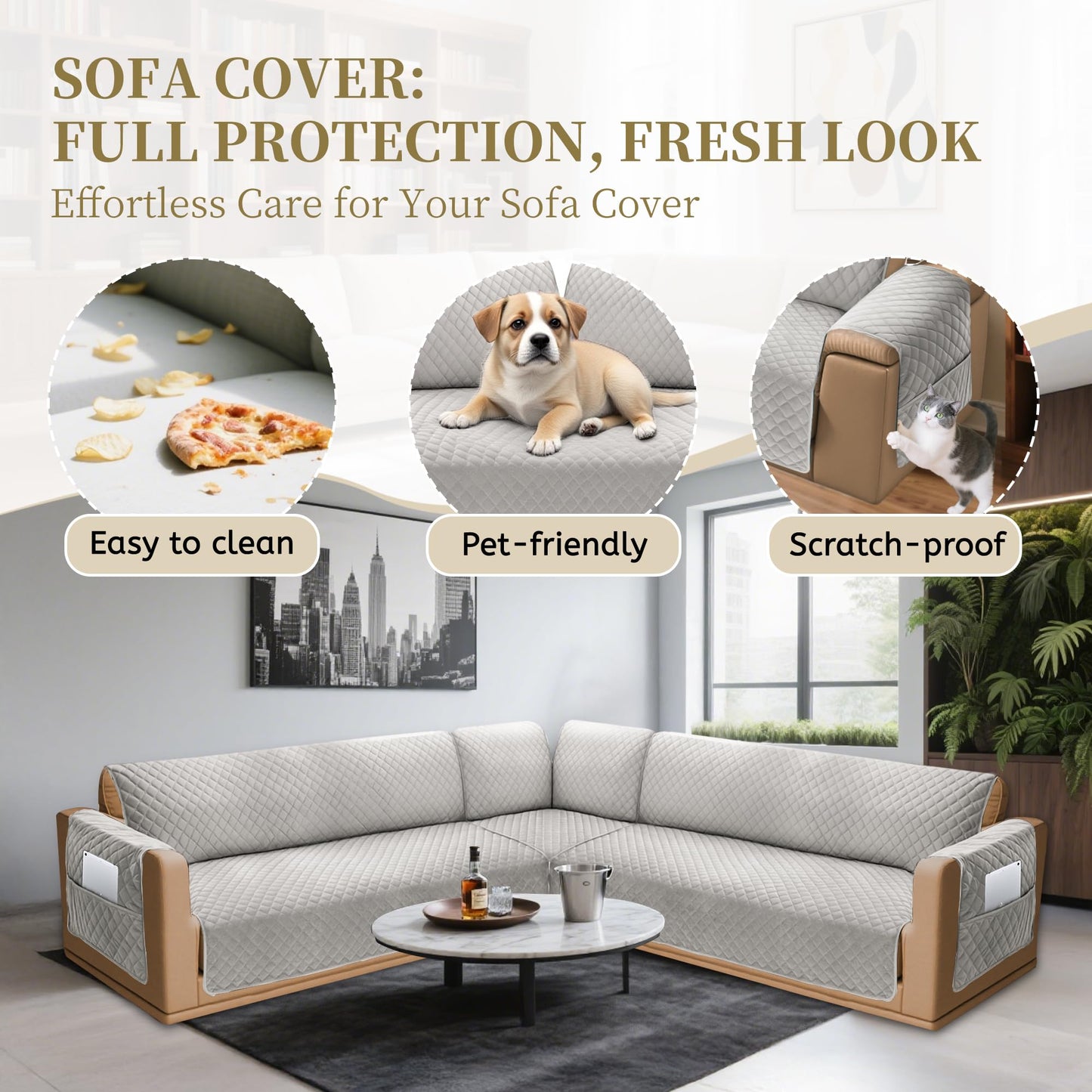 SYJOVIA Sectional Couch Covers for Dogs 100% Waterproof Corner L Shaped Sofa Cover Pet Friendly Velvet Washable Anti Slip L Shape Modular Sofa Slipcover Protector with Pockets (Light Gray, Small)