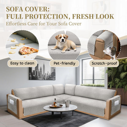 SYJOVIA Sectional Couch Covers for Dogs 100% Waterproof Corner L Shaped Sofa Cover Pet Friendly Velvet Washable Anti Slip L Shape Modular Sofa Slipcover Protector with Pockets (Light Gray, Small)