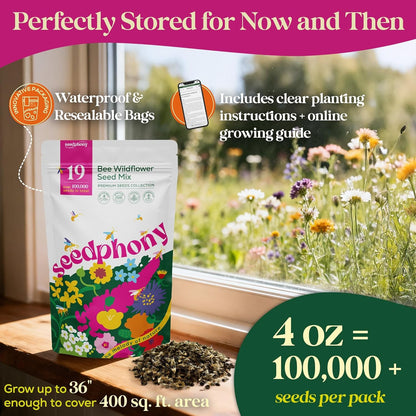 Seedphony 19 Bee Wildflower Seeds Mix - 100,000 Non-GMO Heirloom Seeds for Pollinators | 4oz Waterproof Packet