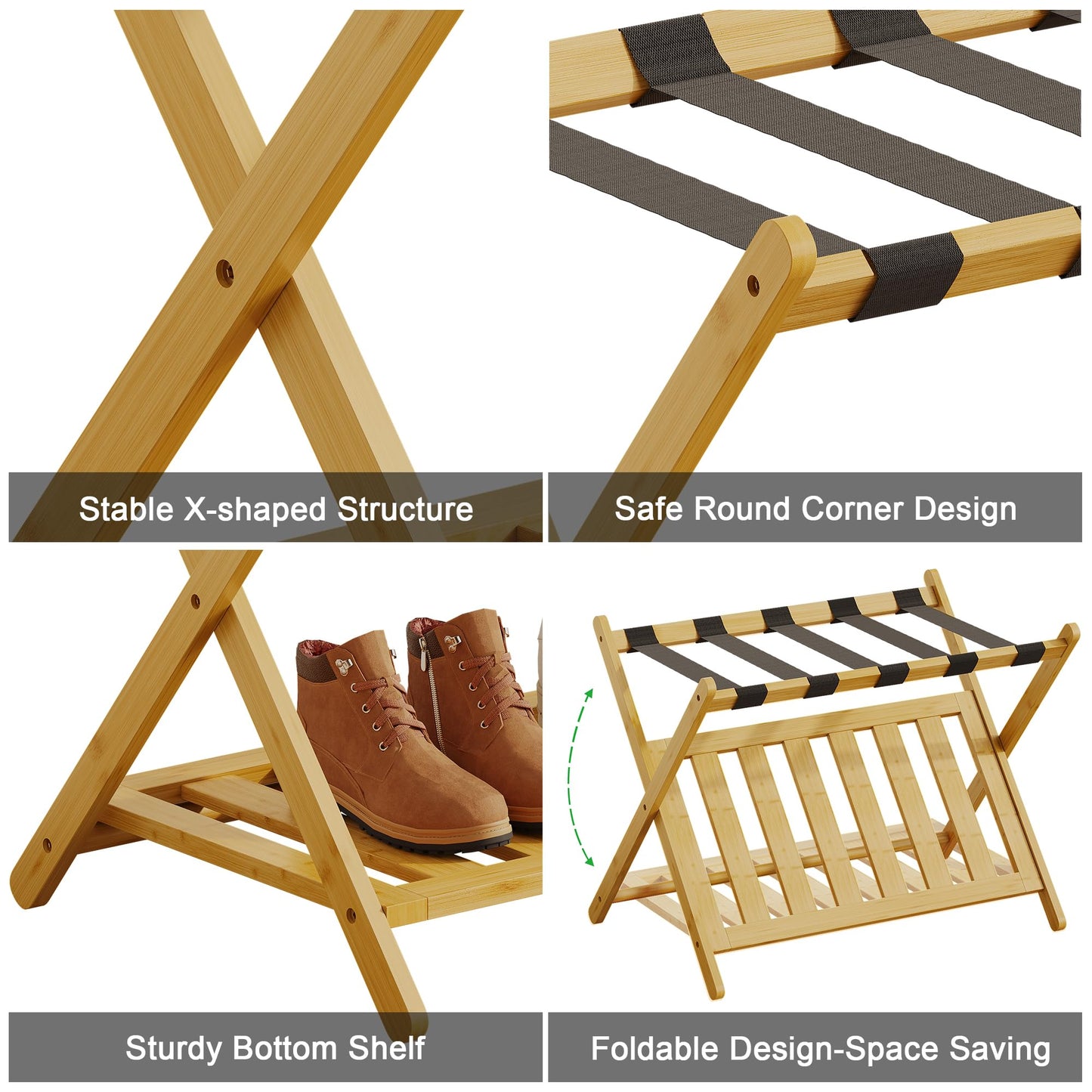 BAMBOOHOMIE Full Assembled Luggage Rack Set of 2, Bamboo Luggage Holder Rack for Guest Room, 26.77" L Folding Suitcase Stand with 5 Nylon Straps & Storage Shelf for Bedroom Hotel (2 Pack - Natural)