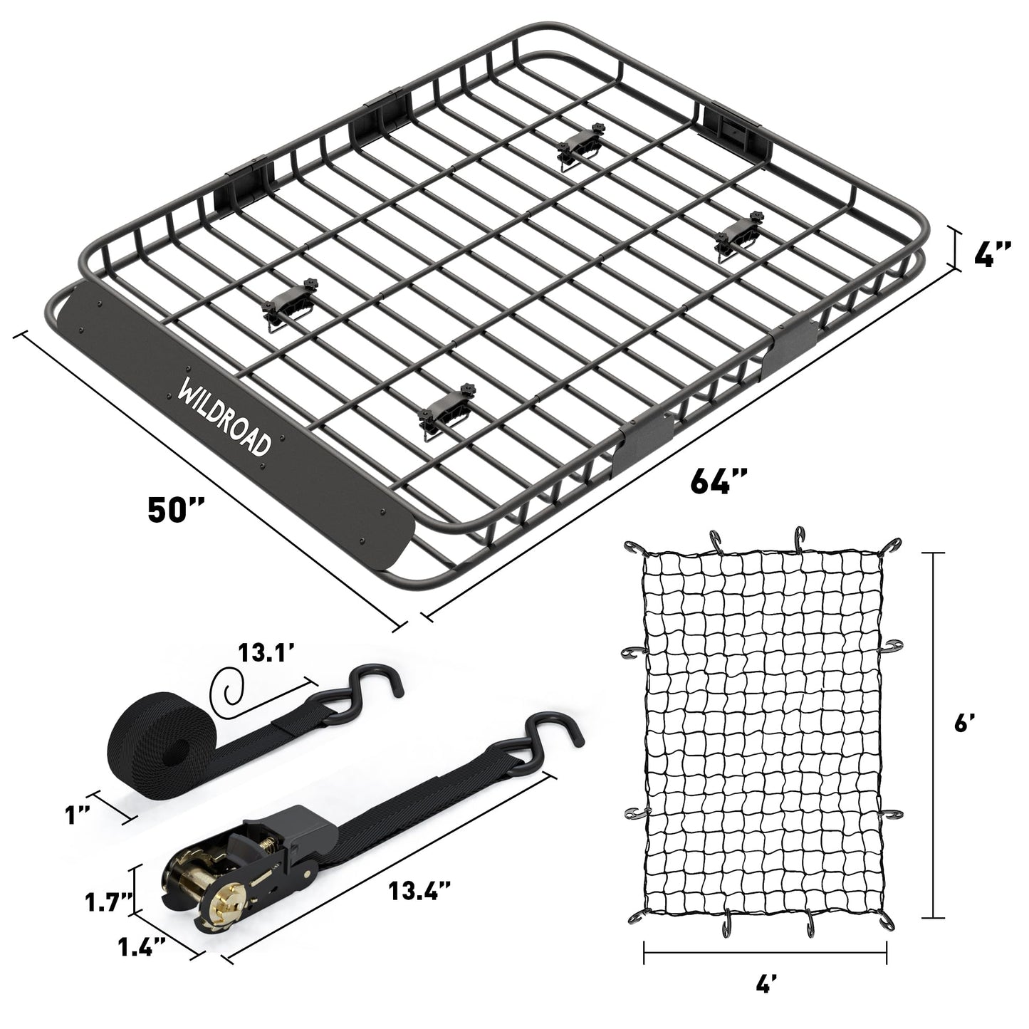 Wildroad Roof Rack Cargo Basket, Upgraded 4” Fence Wide Car Roof Basket, 64"x 50"x 4" Universal Car Top Carrier Basket with Super Duty Bungee Cargo Net and Ratchet Straps Fits for SUV Truck Cars