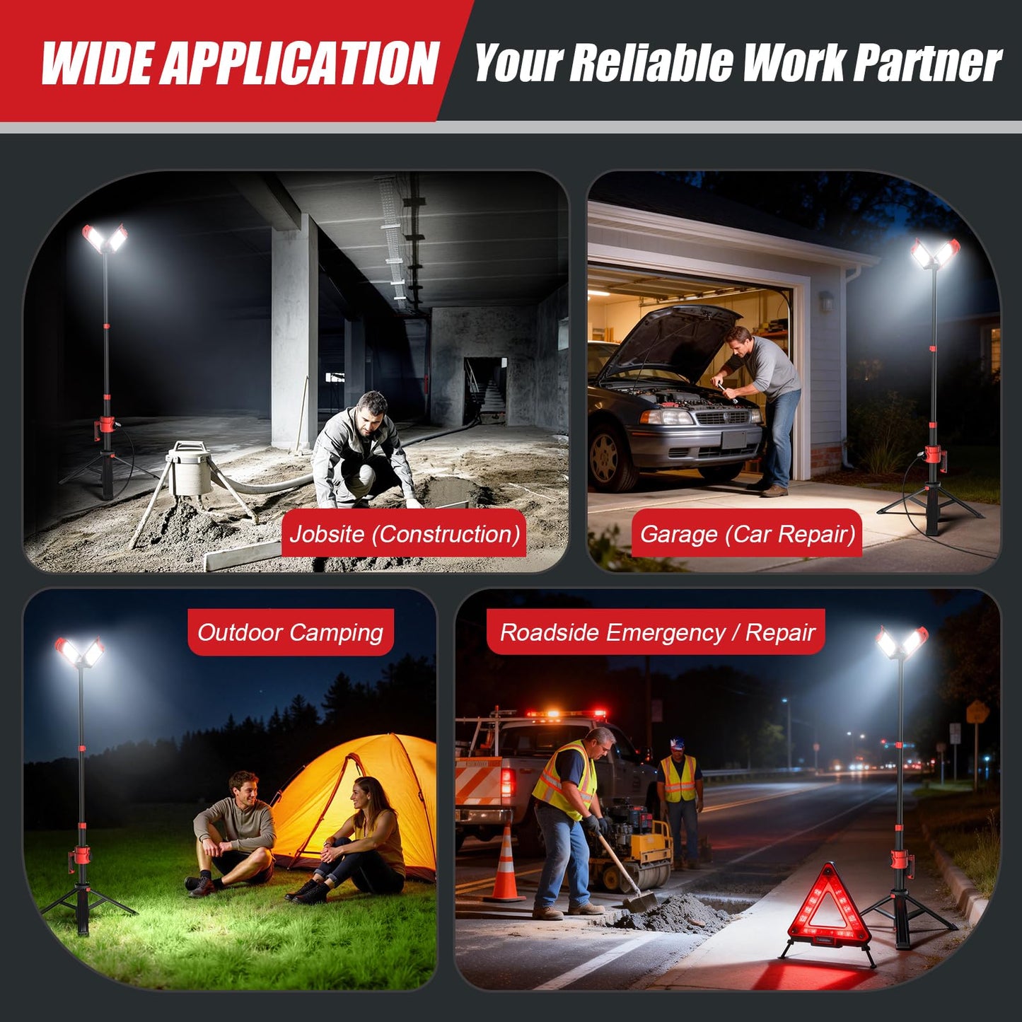 SYLSTAR Hybrid Powered LED Work Light with Tripod, 12000 Lumens Corded & Rechargeable Battery Work Light, 7.4ft Aluminum Telescopic Stand, 3 Brightness Levels, IP65, Dual Head, Portable Job Site Light