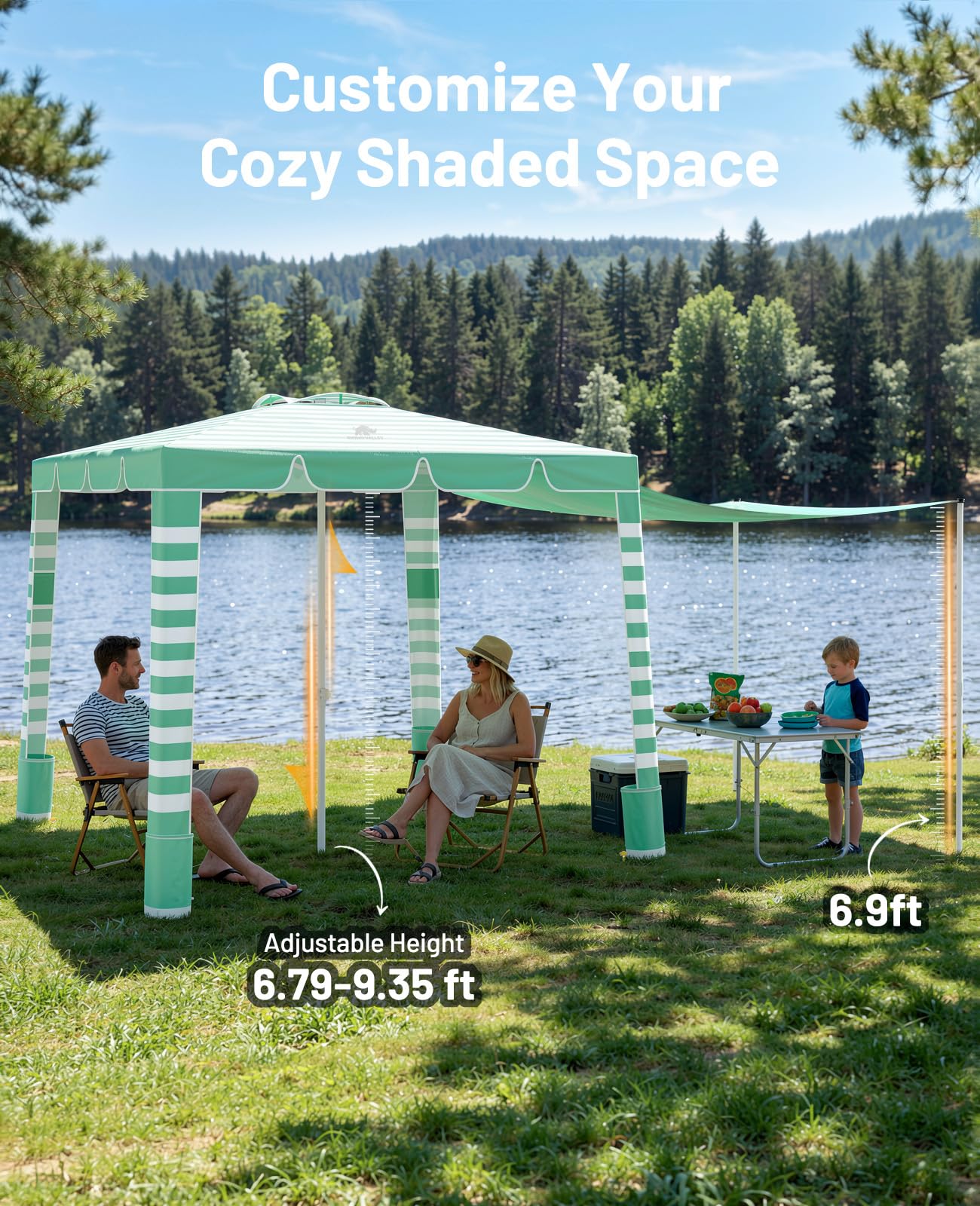 Rhino Valley Beach Cabana, 120 Sq. Ft Beach Canopy UPF50+ Protection, Easy Setup & Adjustable Height Beach Tent Sun Shelter with Cup Holder, Portable for 4-8 People, Light Green & White Stripes