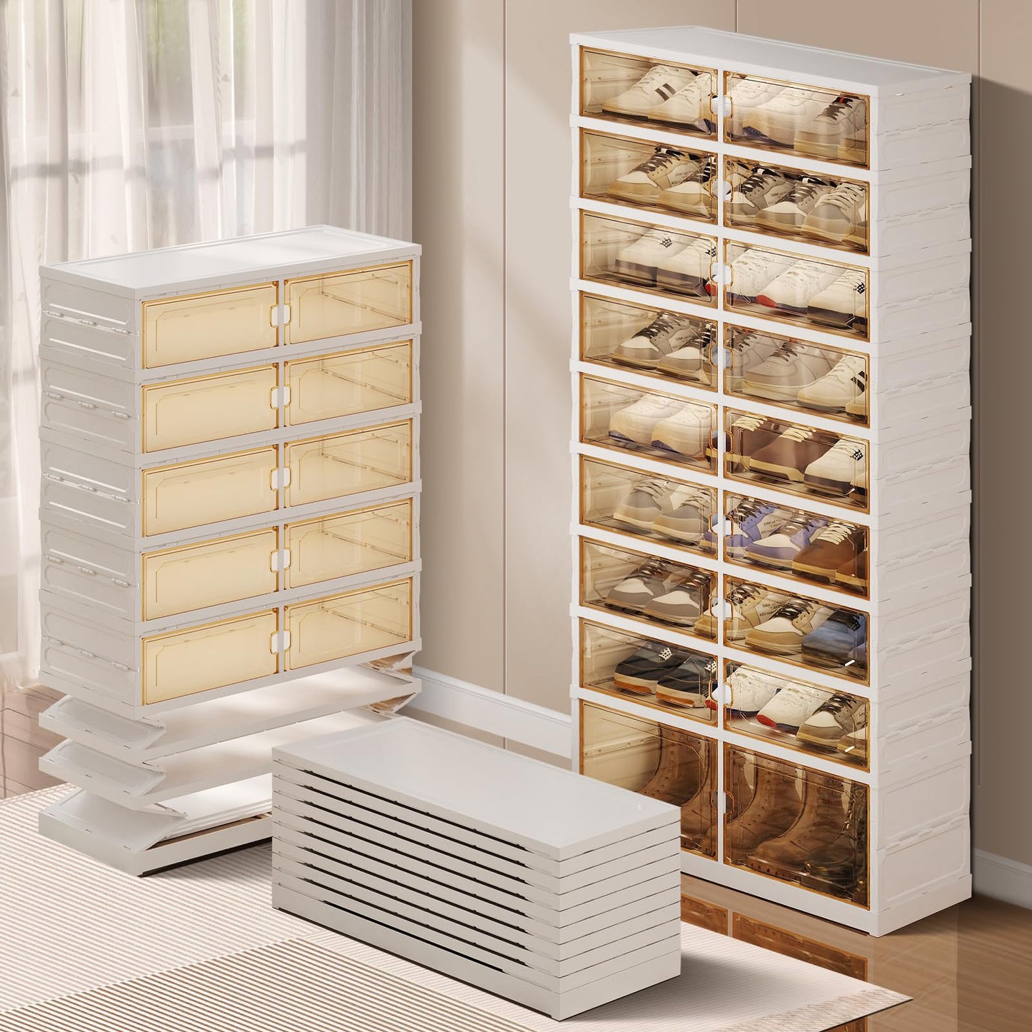 CIMLORD 9-Tier Foldable Shoe Rack Organizer for Closet, 27 Pairs Collapsible Plastic Shoe Shelf, Large Shoes Cabinet with Door, Clear Stackable Storage Box Easy Assembly White