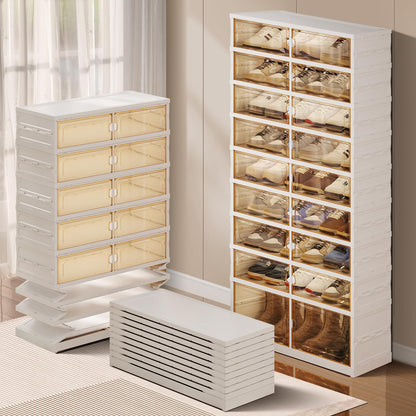 CIMLORD 9-Tier Foldable Shoe Rack Organizer for Closet, 27 Pairs Collapsible Plastic Shoe Shelf, Large Shoes Cabinet with Door, Clear Stackable Storage Box Easy Assembly White