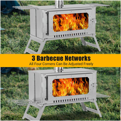 Large Portable Wood Burning Tent Stove, Foldable Stainless Steel Camping Stove with Viewing Glass & 5 Chimney Pipes & 3 Grills for Outdoor Heating, Cooking, Shelter, and Wilderness Survival