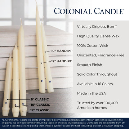 Colonial Candle Unscented Taper Candle, Classic Collection, Ivory, 10 In, Pack of 12 - Up to 8 Hours Burn