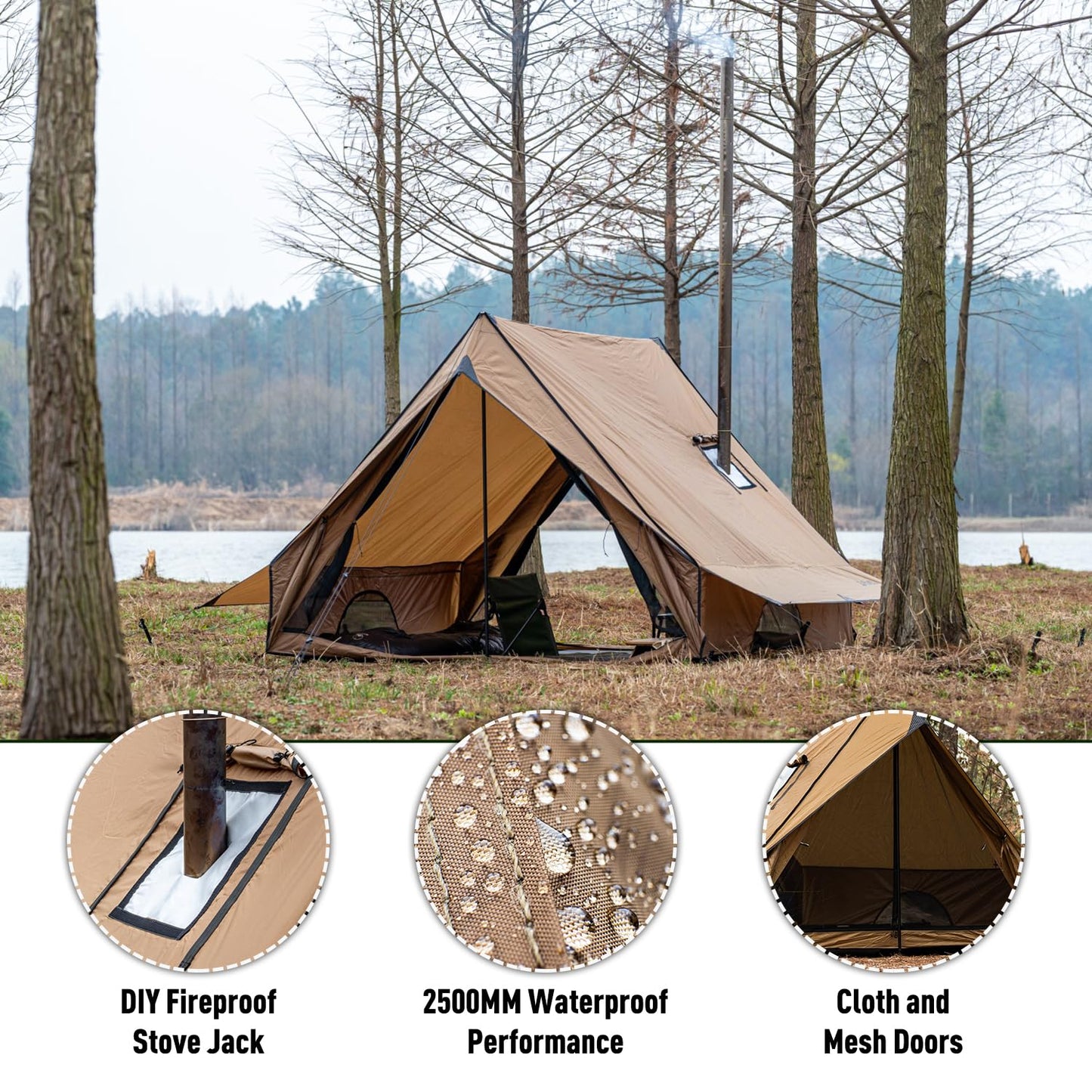 POMOLY Camping Hot Tent Cabin Tent, Chalet 70 Pro Portable Wall Tents with Stove Jack and Two Poles for 2-3 Person Hiking, Backpacking (M)