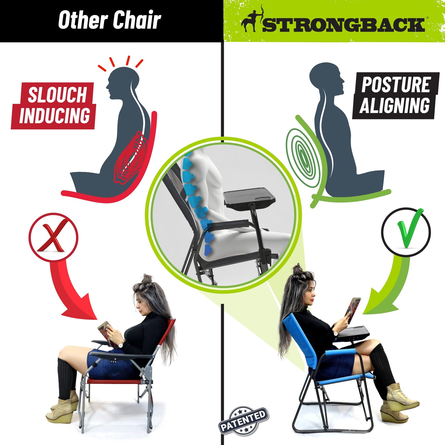 STRONGBACK Outdoor Chair Director Portable Camping Chair with Lumbar Support - Cupholder &Pocket Included - Heavy-Duty Foldable Chair - Rocker/Black
