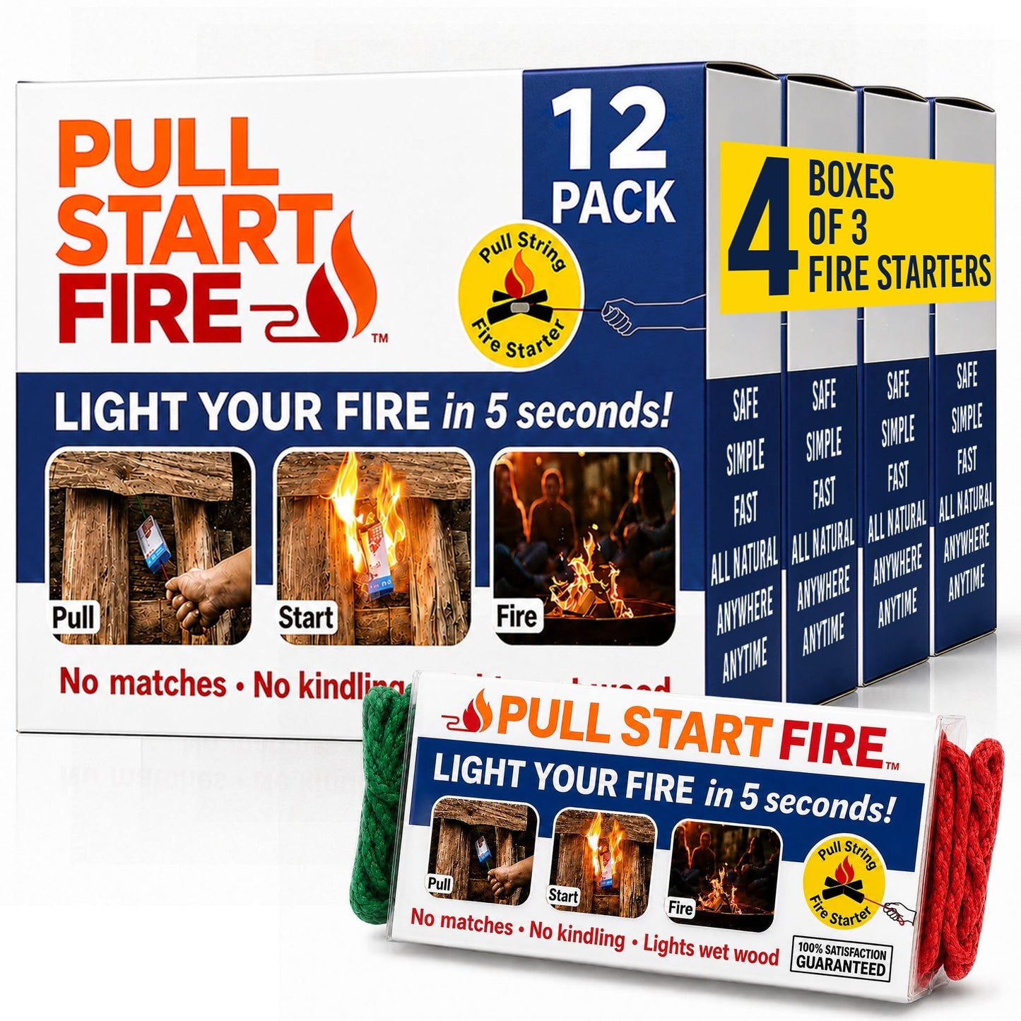Pull Start Fire Pull String Fire Starter - No Matches Required, Lights Wet Wood, Chimney Starter, Food Safe Firestarter Brick for Campfire Grill, BBQ, Fireplace, Firepit, Burns 30 Minutes - 12 Count