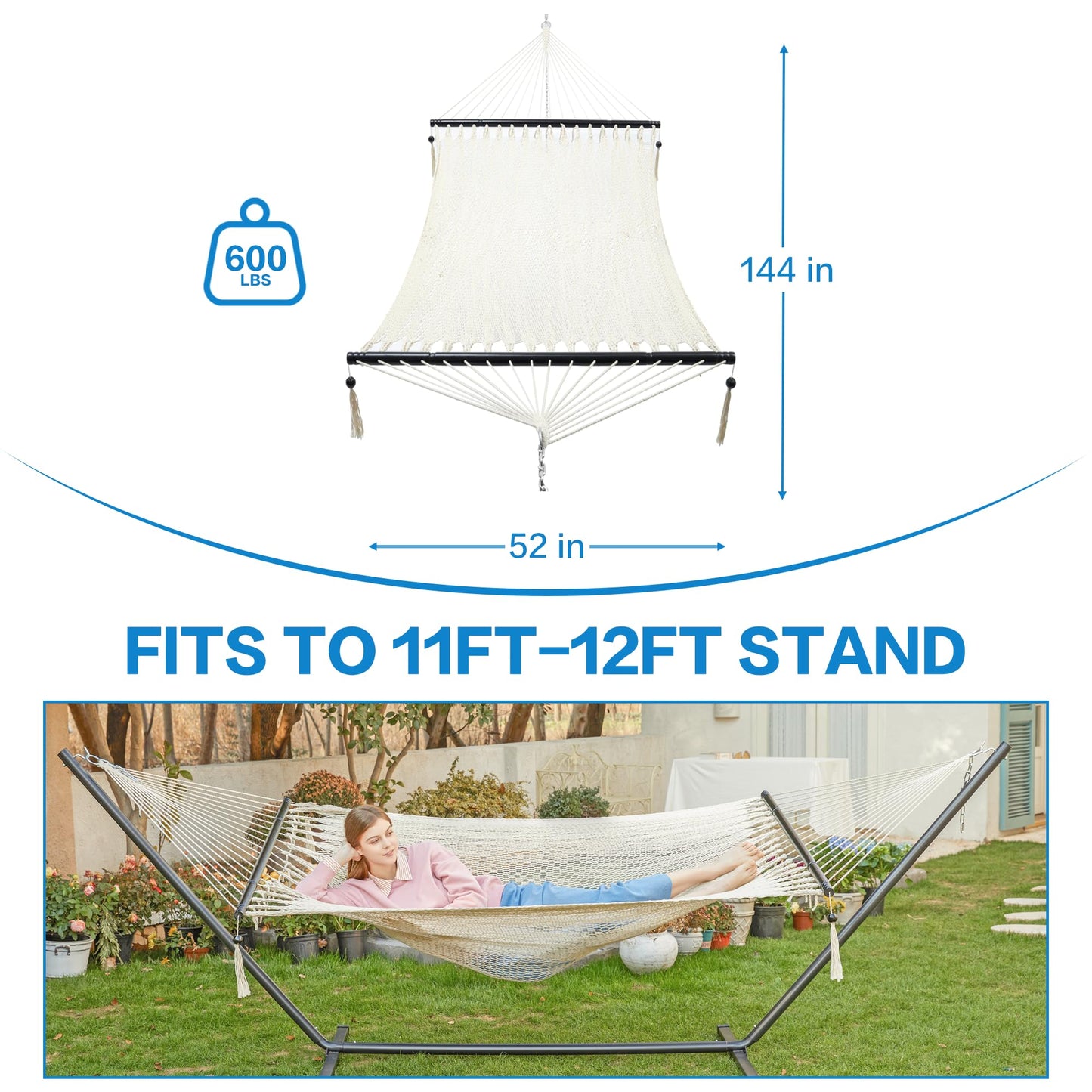 PNAEUT 2 Person Rope Hammocks for Outside, Handwoven Double Caribbean Hammock with Spreader Bar for Outdoor Indoor, Max 600 lbs Capacity (Cream)