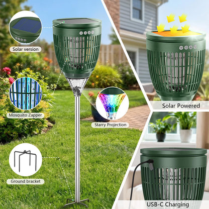 Solar Bug Zapper Outdoor Waterproof with Flame Effect Light, 10 Starry Ambient Light with Breathing Effect Height Adjustable with Ground Stake for Patio, Garden, Yard & Pathway (Green)
