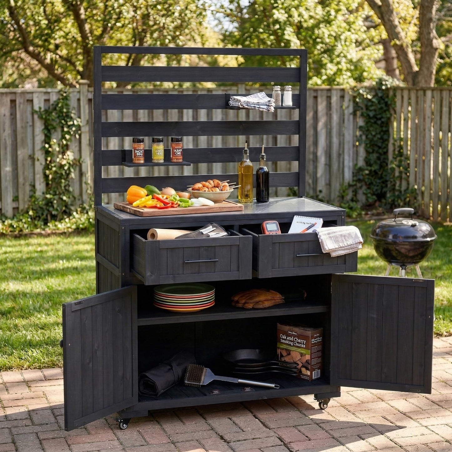 GDFStudio Junlyn Patio Kitchen Island Cart with Storage, Wooden Outdoor Storage Cabinet with Stainless Steel BBQ Prep Table Top, Drawers, Shelves and Lockable Wheels, Garden Potting Bench, Black