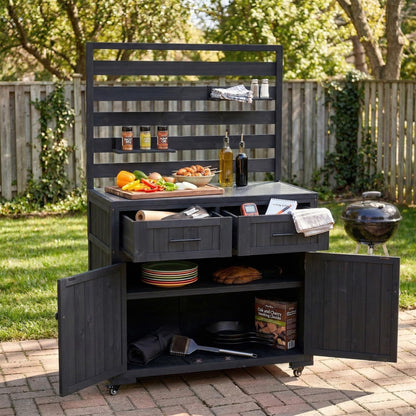 GDFStudio Junlyn Patio Kitchen Island Cart with Storage, Wooden Outdoor Storage Cabinet with Stainless Steel BBQ Prep Table Top, Drawers, Shelves and Lockable Wheels, Garden Potting Bench, Black