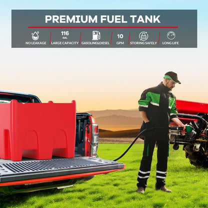 116 Gallon Portable Fuel Tank with 12V Electric Pump, 10 GPM Diesel & Gasoline Transfer Tank with 13.1 ft Hose & Auto Shut-Off Nozzle, Heavy-Duty Fuel Storage for Truck, Farm, Generator & Equipment