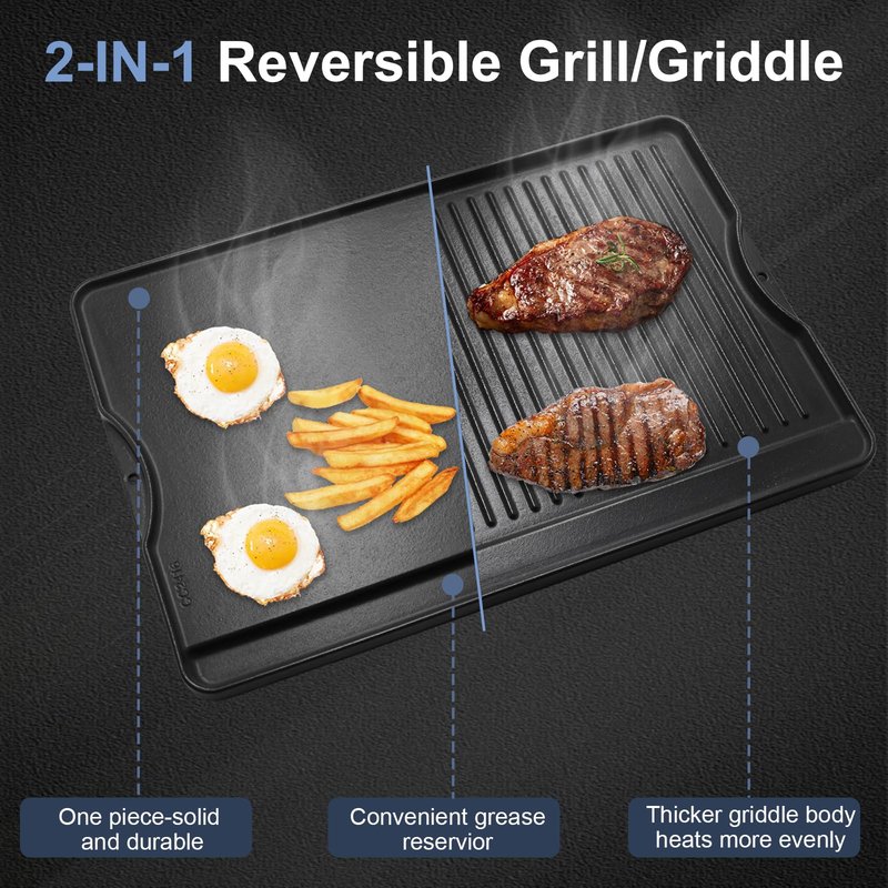 Criditpid Flat Griddle Top Plate Replacement Parts for Gas Stove, Charcoal, Electric, Propane, Gas Grill, 16” x 24” 2-in-1 Reversible Pre-Seasoned Cast Iron Cooking Griddle for Camping Tailgating.