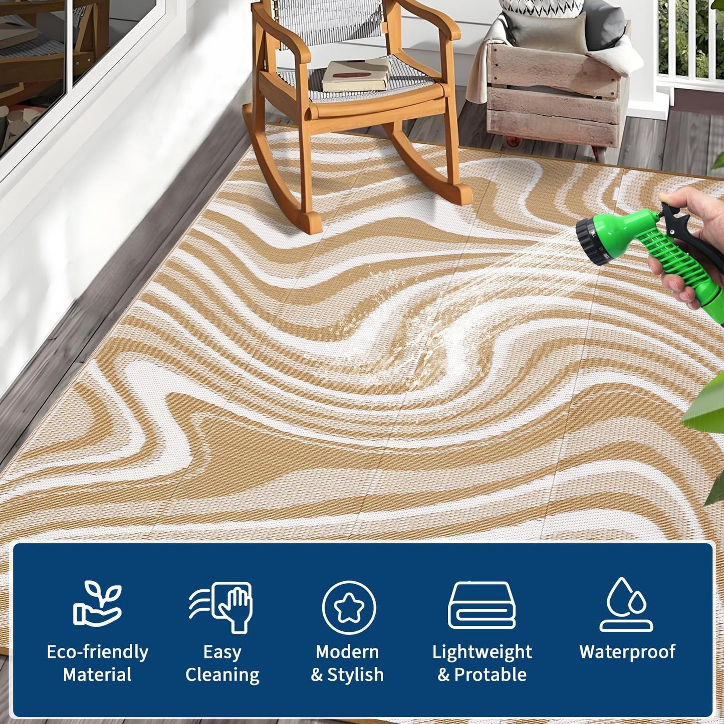MilleLoom 10x20 Large Outdoor Patio Rug Modern Abstarct Plastic Straw Outdoor Rugs Waterproof Foldable UV Resistant Camping Reversible Mats for Deck, Camper, Balcony, Beach, Rv，Brown/Coffee/White