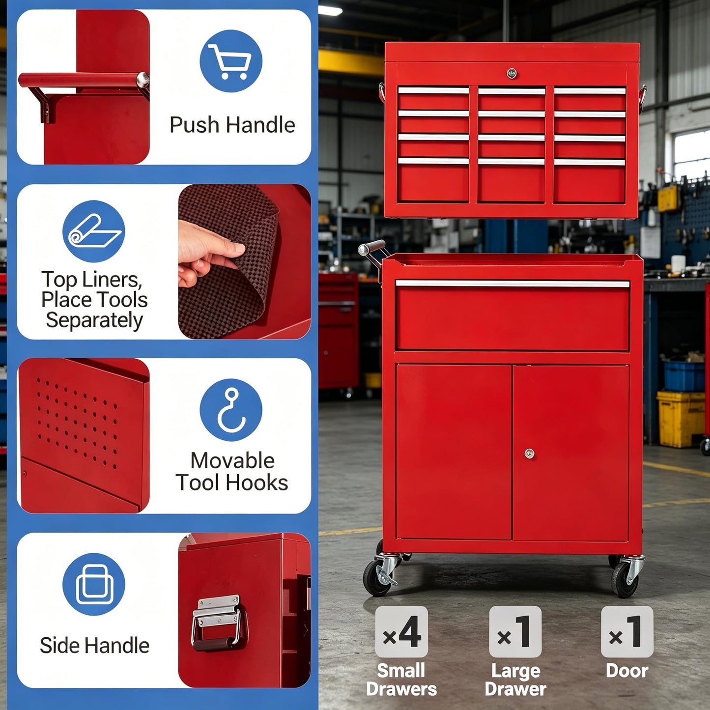 Heavy Duty 5 Drawer Tool Chest, Rolling Tool Box Cabinet on Wheels, 2-in-1 Detachable Metal Tool Storage Organizer for Garage and Workshop, Locking Steel Tool Cart with Portable Top Tool Box, Red