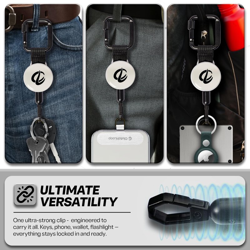 ClutchLoop Anti-Theft Phone Tether - Universal Adhesive Anchor, Retractable Steel Line and Locking Carabiner (White)